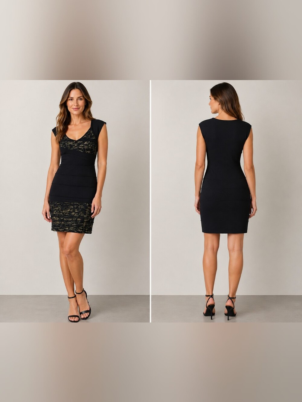 XOXO Black and Gold Cap Sleeve Sheath Dress Very Stretchy And Fitted Size Medium